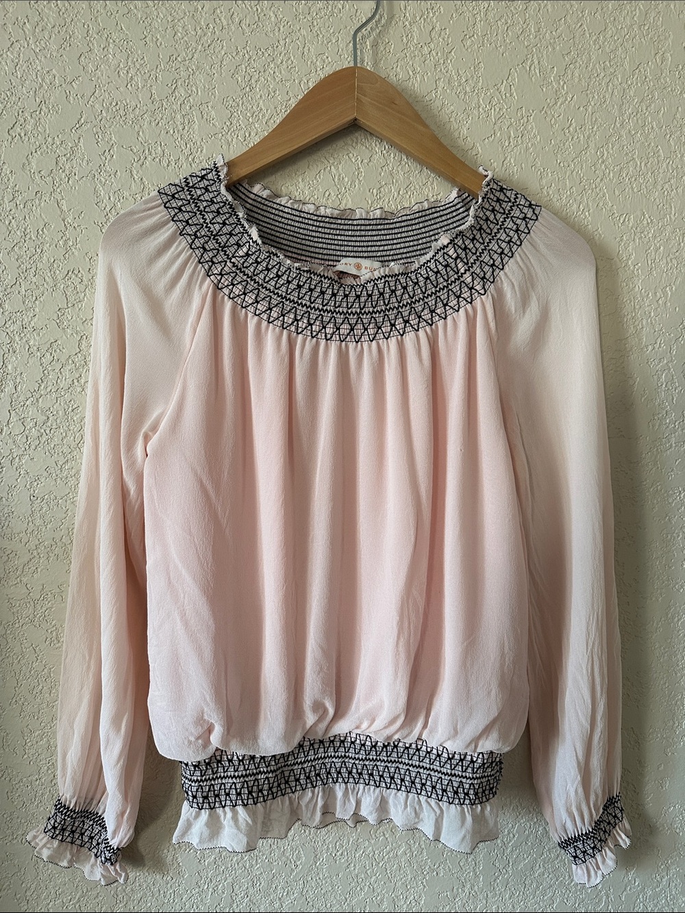 Tory Burch Light Pink Long-Sleeve Smocked-Neck Blouse